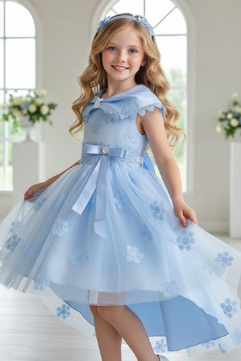 Princess Peter Pan Collar Lace Trim High-Low Floral Tulle Flower Girl Dresses 1030171849352 - 7 Days / Blue / 110cm - COCOMELODY